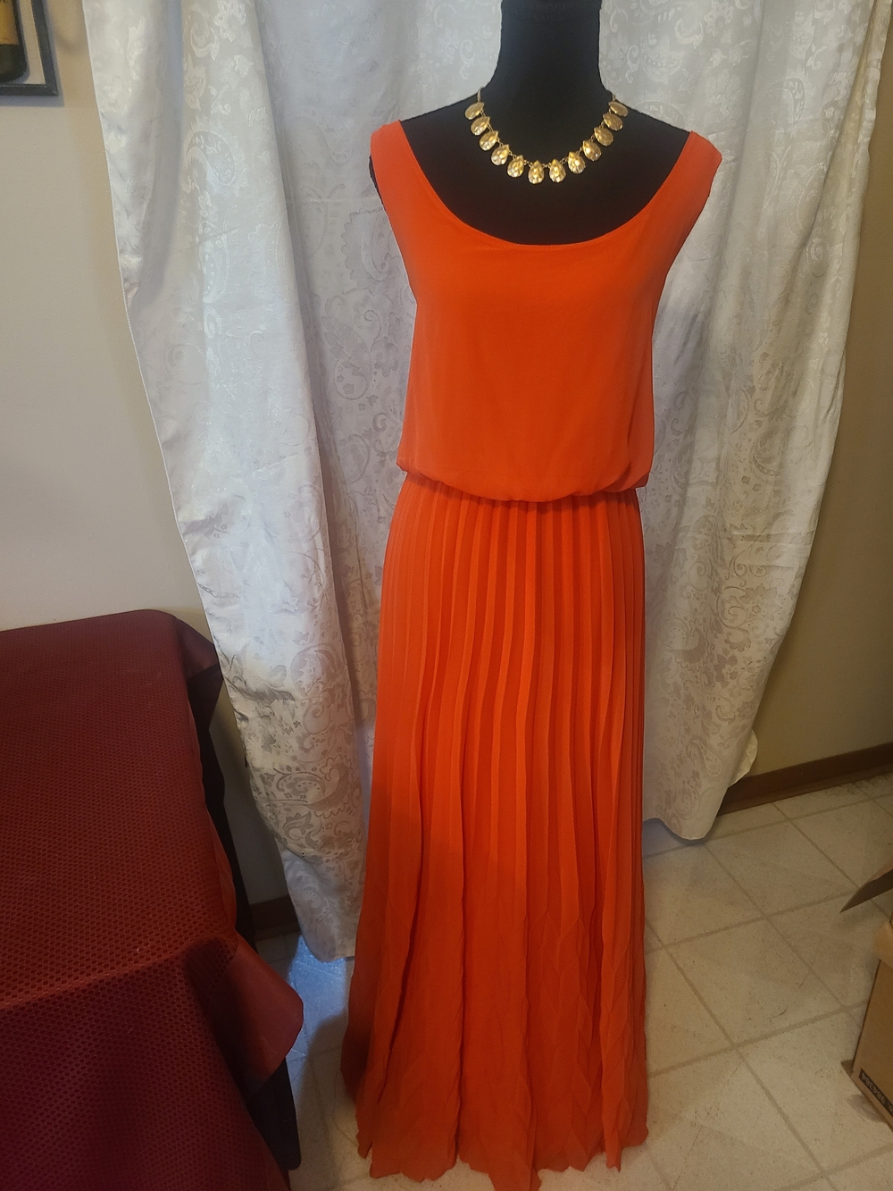 Women's Orange Pleated Maxi Dress - Elegant Scoop Neck
